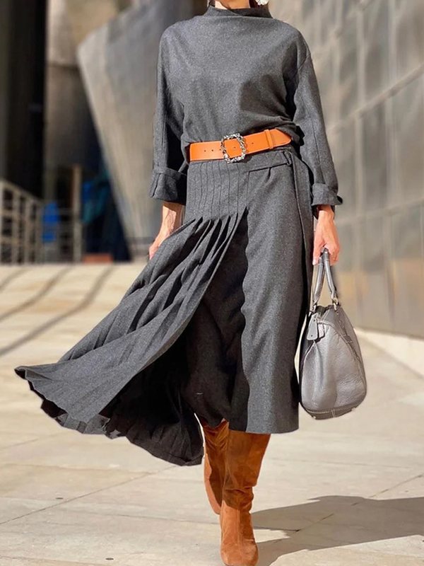 Mock-Neck Top & Pleated Skirt Set