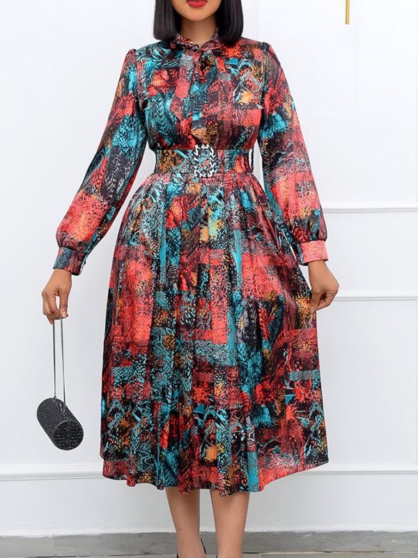Printed Tied-Neck Belted Dress