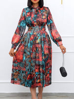 Printed Tied-Neck Belted Dress