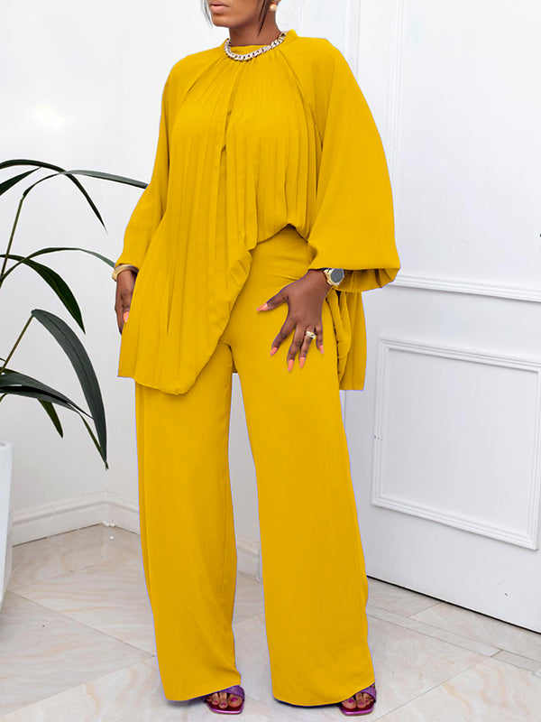 Solid Pleated Top & Pants Set