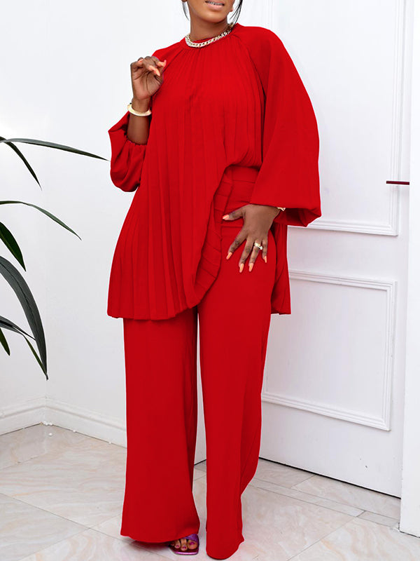 Solid Pleated Top & Pants Set
