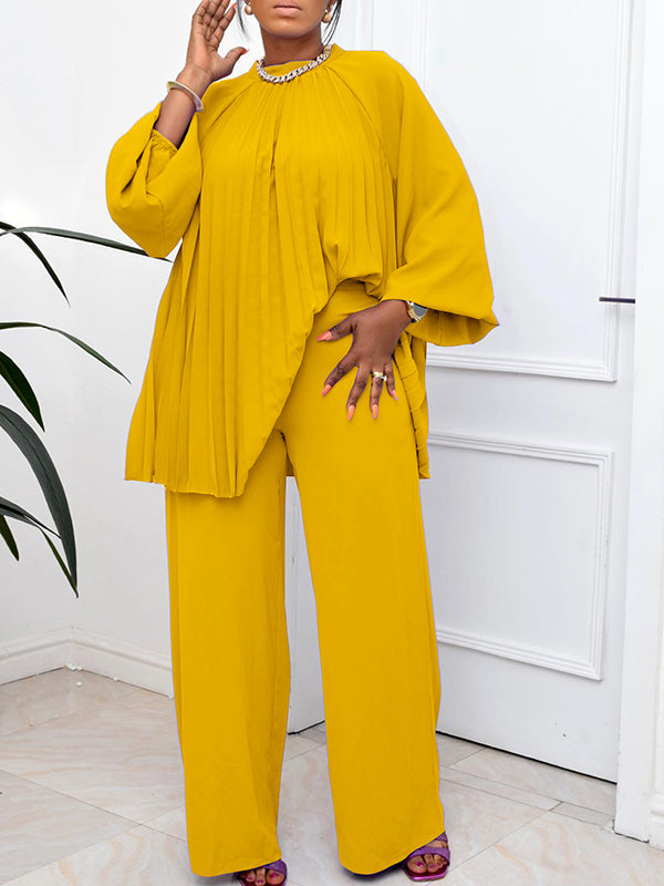 Solid Pleated Top & Pants Set