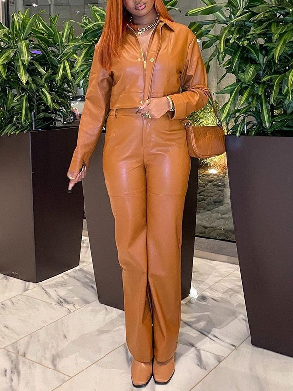 Faux-Leather Jacket & Pants Set