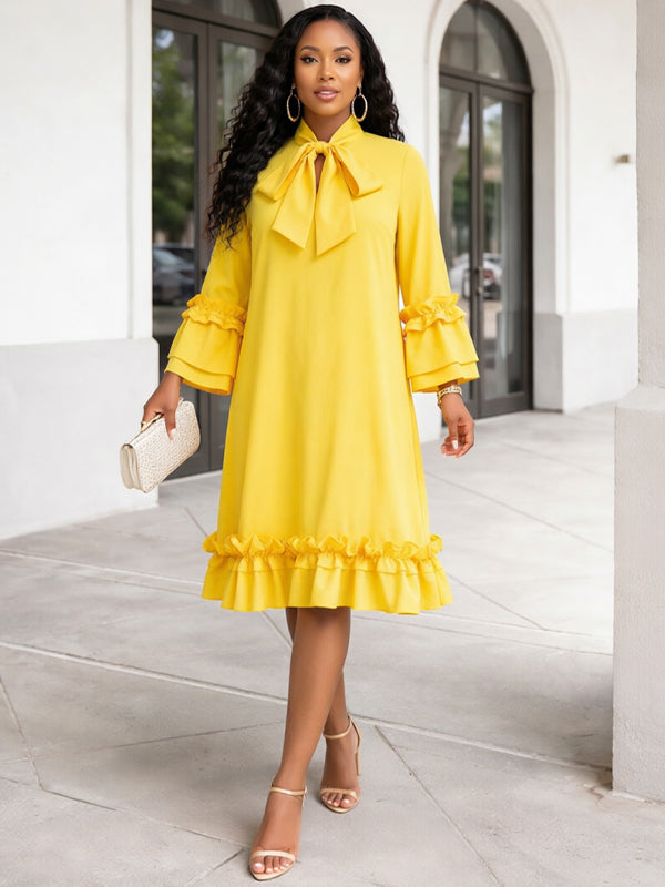 Solid Tied-Neck Frilled Dress