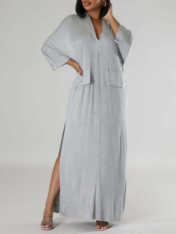 Beautiedoll Solid V-Neck Side-Slit Dress