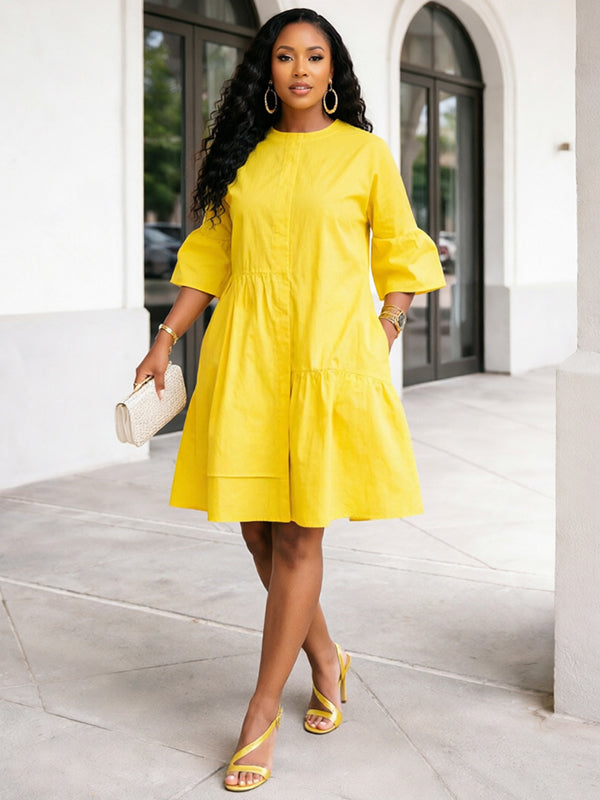 Solid Bell-Sleeve Shirt Dress – Beautiedoll Solid Bell-Sleeve Shirt Dress – Beautiedoll