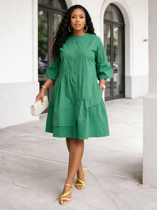 Solid Bell-Sleeve Shirt Dress
