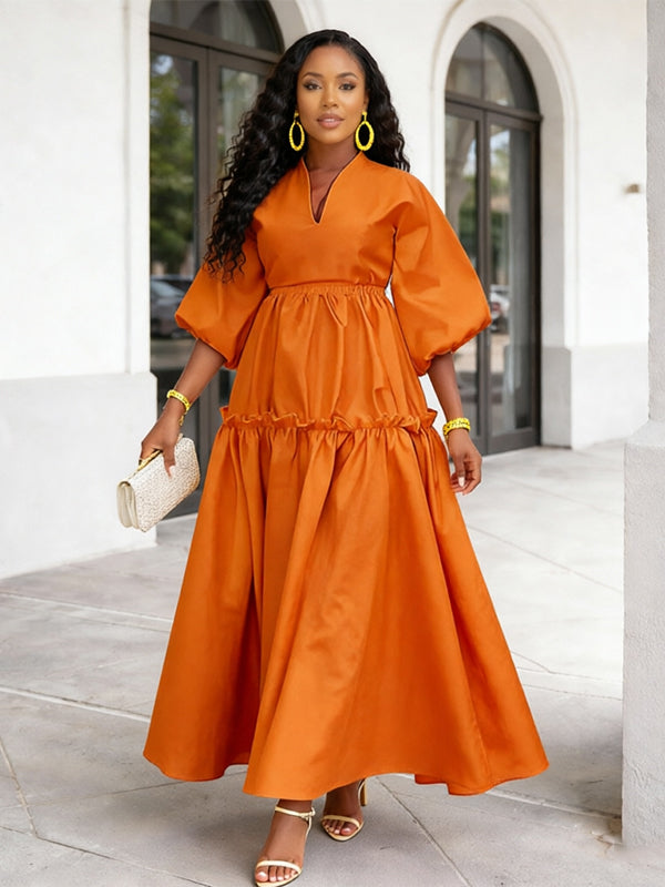v neck maxi dress with sleeves BROWN V-NECK LONG-SLEEVE this long dress can be easily managed. Long Sleeve Plunge V Neck