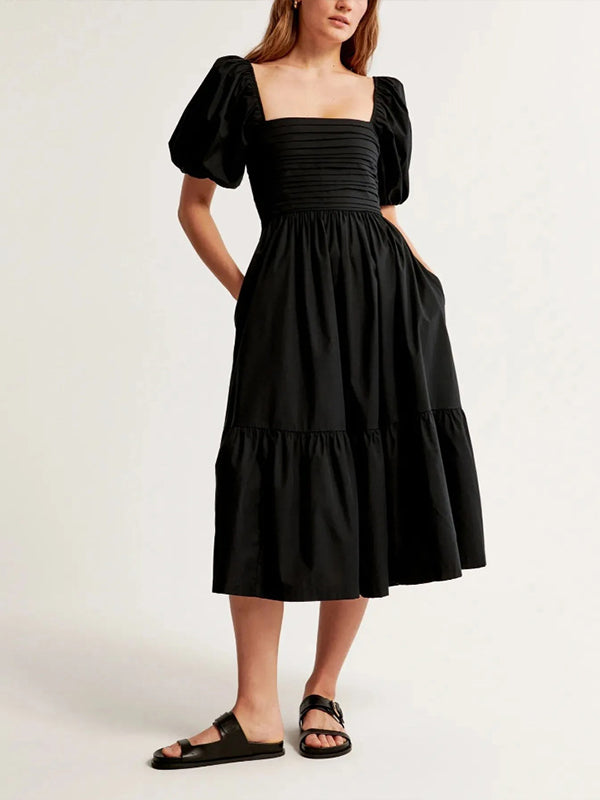 Solid Square-Neck Ruffle Dress
