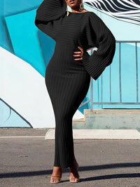 Solid Bell-Sleeve Ribbed Dress