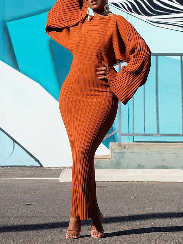 Solid Bell-Sleeve Ribbed Dress