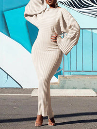 Solid Bell-Sleeve Ribbed Dress