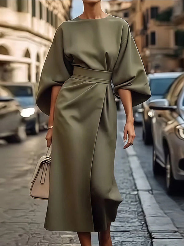 Solid Cinched-Waist Midi Dress
