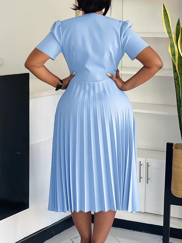 Solid V-Neck Pleated Dress