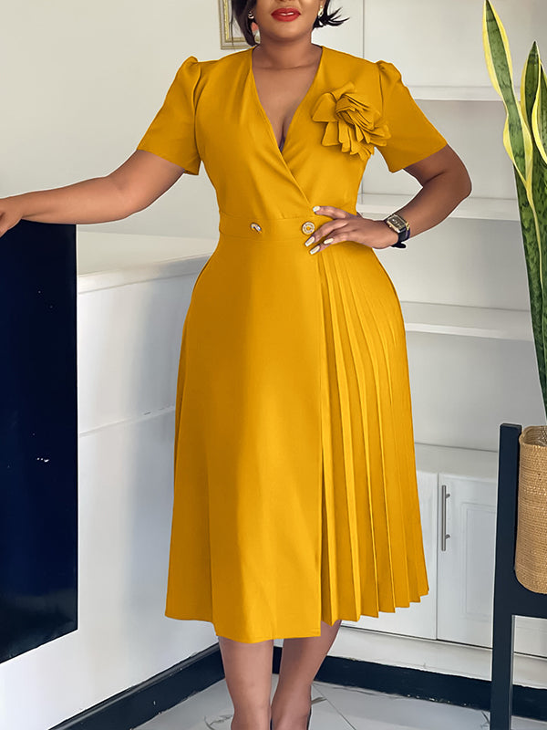 Beautiedoll Solid V-Neck Pleated Dress