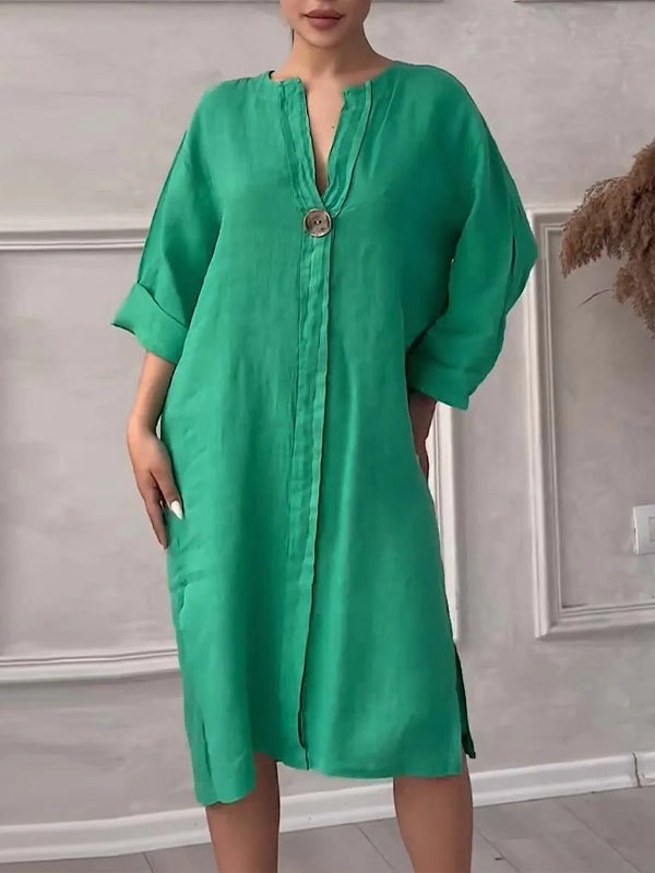 V-Neck Button Side-Slit Dress