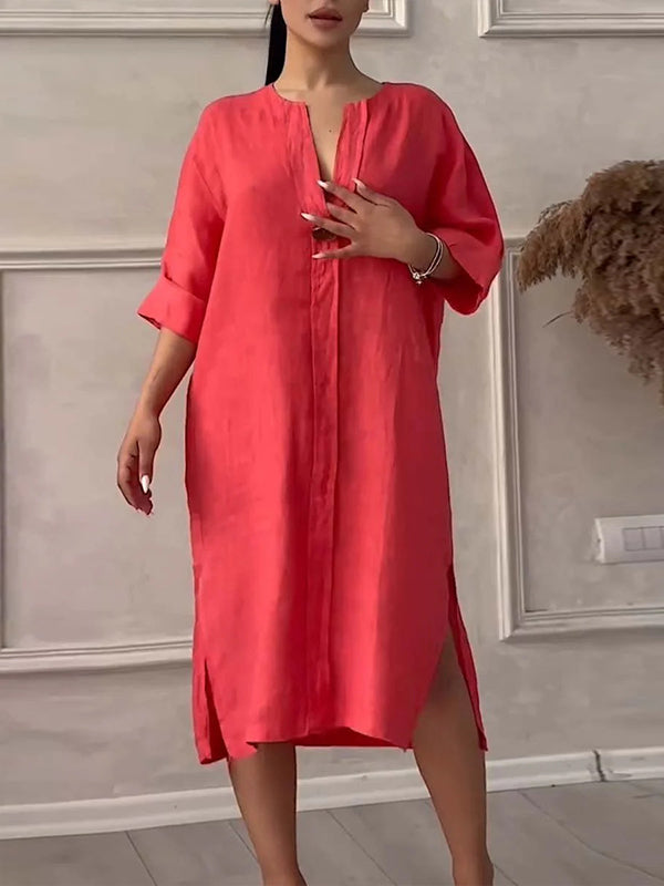 V-Neck Button Side-Slit Dress