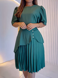 Solid Round-Neck Pleated Dress