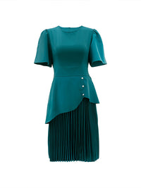 Solid Round-Neck Pleated Dress