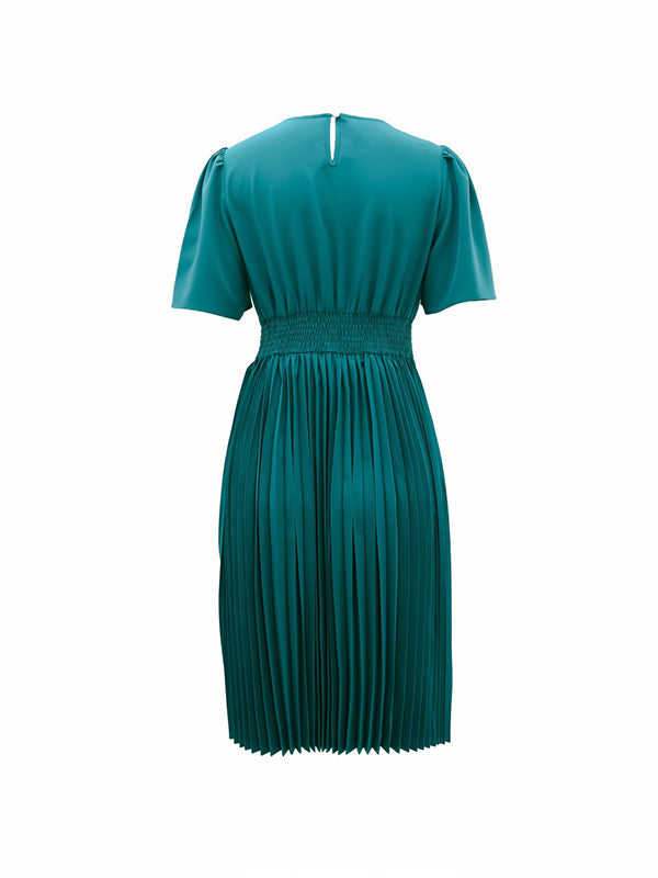 Solid Round-Neck Pleated Dress