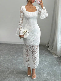 Bell-Sleeve Side Slit Lace Dress