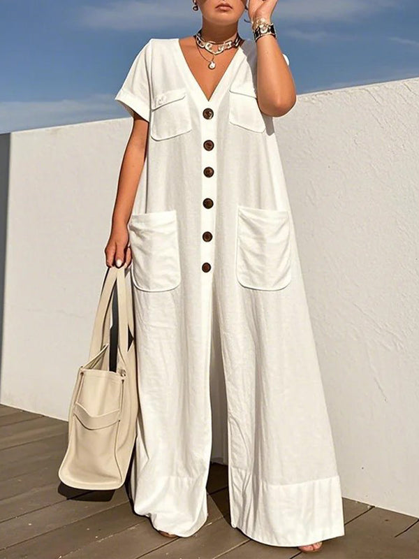 Button-Front Wide-Leg Jumpsuit