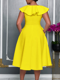 Solid V-Neck Ruffle Dress