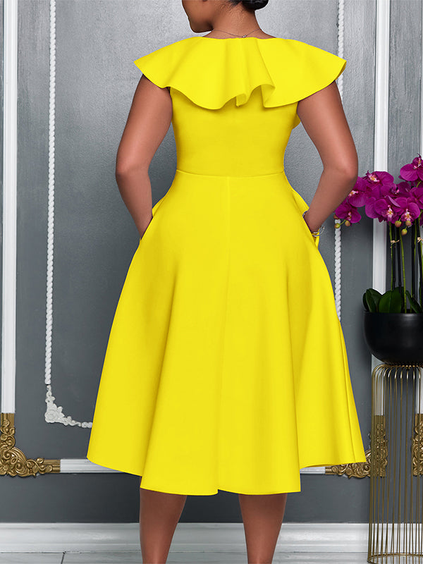 Solid V-Neck Ruffle Dress