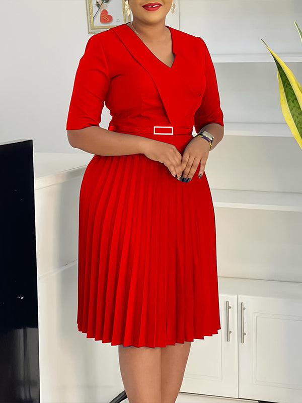 V-Neck Belted Pleated Dress