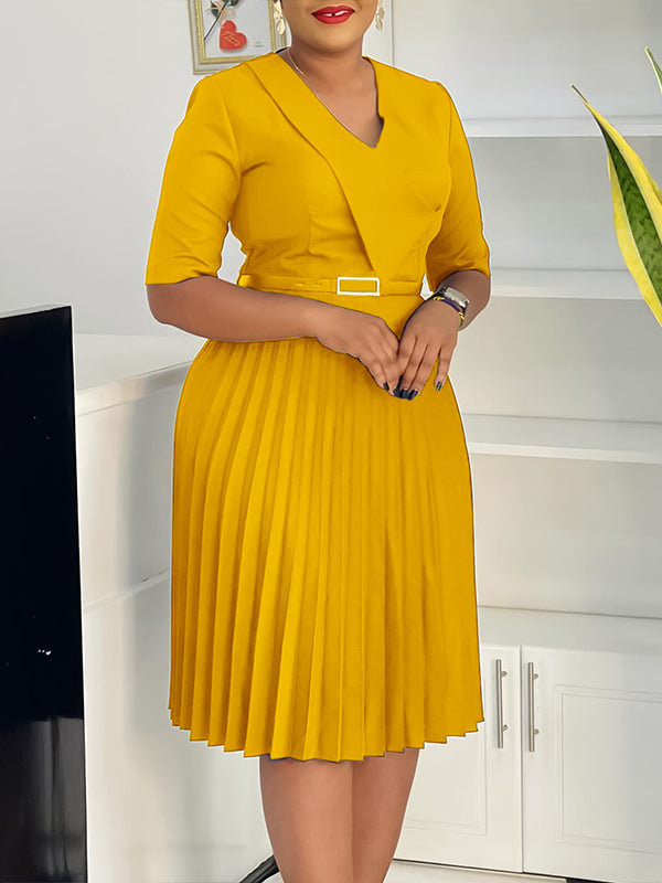 V-Neck Belted Pleated Dress