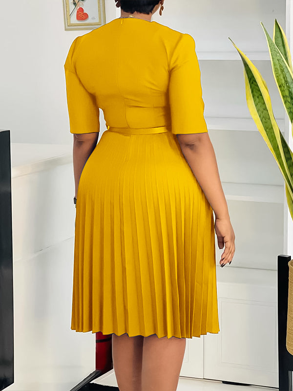 V-Neck Belted Pleated Dress