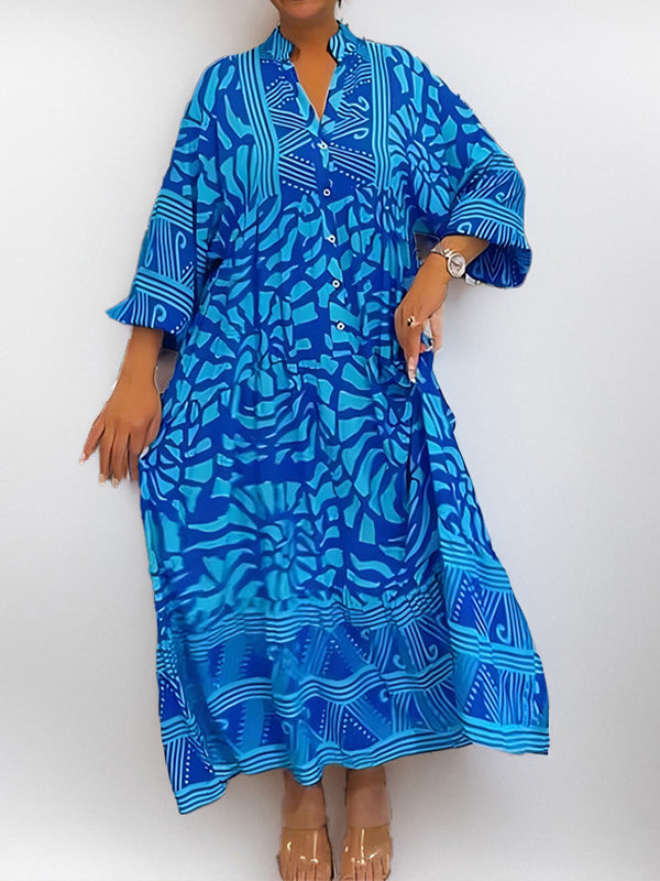 Printed V-Neck Button-Front Dress