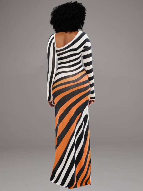 Stripe Asymmetric-Neck Maxi Dress