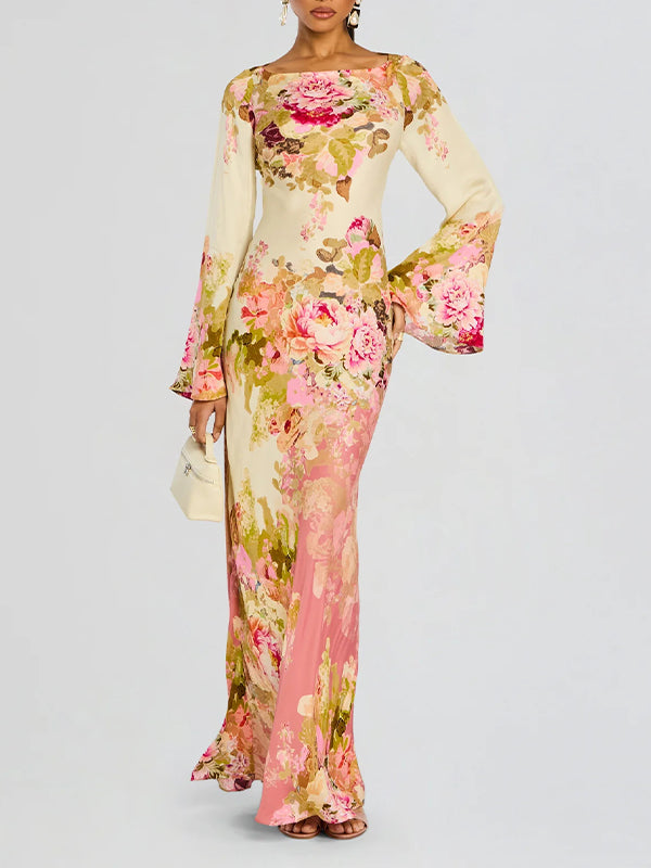 Printed Bell-Sleeve Maxi Dress