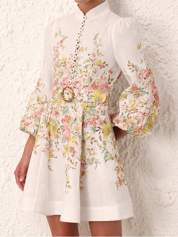 Printed Button-Front Belted Dress