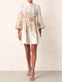 Printed Button-Front Belted Dress