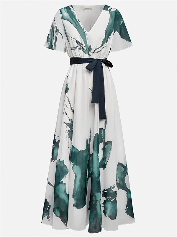 Printed V-Neck Tied Dress