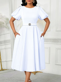 Solid Puff-Sleeve Belted Dress