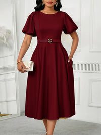 Solid Puff-Sleeve Belted Dress