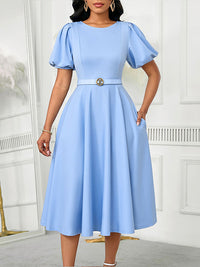 Solid Puff-Sleeve Belted Dress