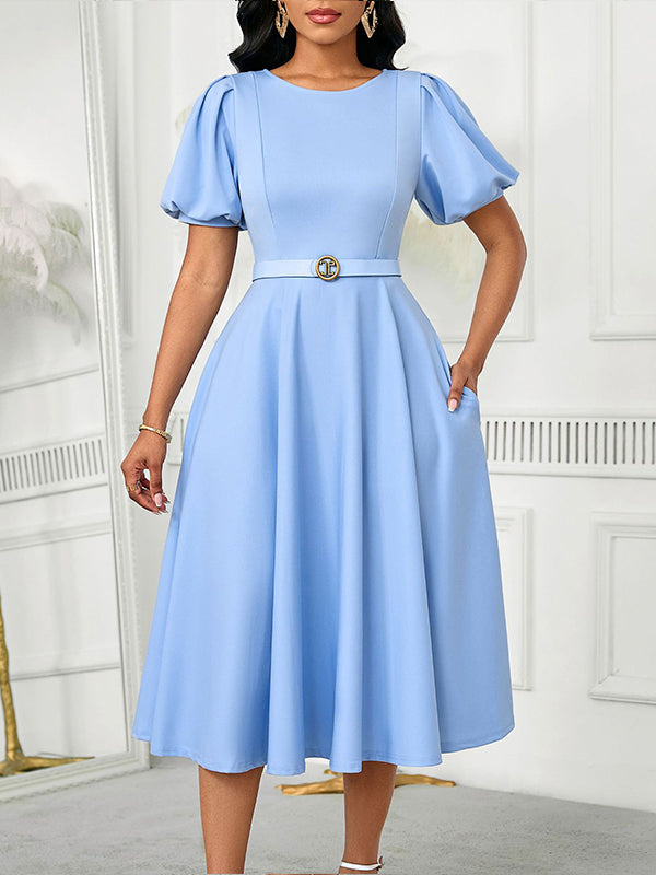 Solid Puff-Sleeve Belted Dress