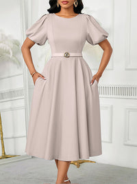 Solid Puff-Sleeve Belted Dress