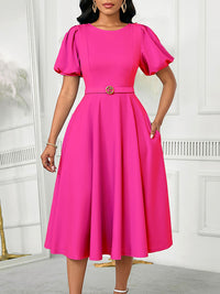 Solid Puff-Sleeve Belted Dress