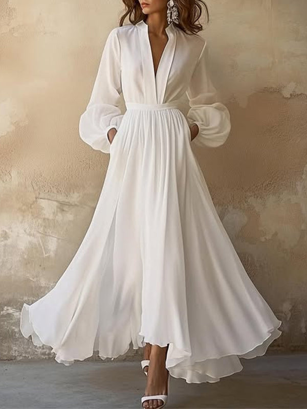 Solid V-Neck Tied Shirt Dress