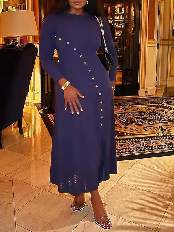 Solid Button Slit Dress