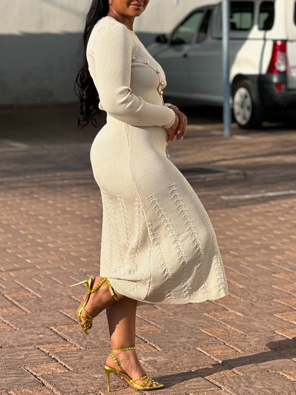 Solid Button Slit Dress