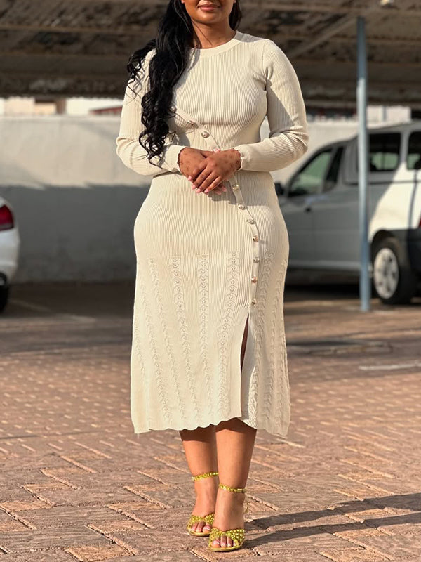 Solid Button Slit Dress