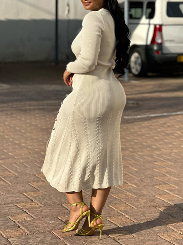 Solid Button Slit Dress