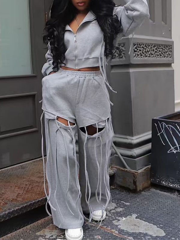 Fringe Zip Hoodie & Pants Set