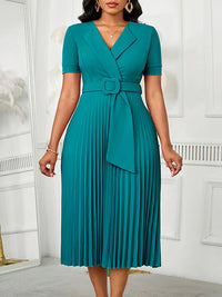 Solid Belted Pleated Dress